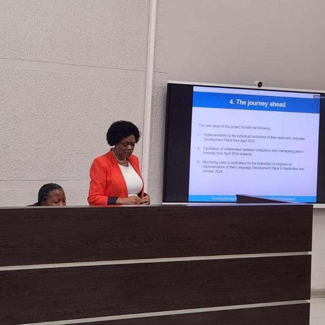 Prof Makhubu-Badenhorst presenting on task teams' funding opportunities at CoPAL