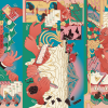 A brightly coloured mural which can be viewed in any direction. It has several scenes within it: people in front of computers seeming stressed, a number of faces overlaid over each other, squashed emojis, miners digging in front of a huge mountain representing mineral resources, a hand holding a lump of coal or carbon, hands manipulating stock charts and error messages, as well as some women performing tasks on computers, men in suits around a table, someone in a data centre, big hands controlling the scene